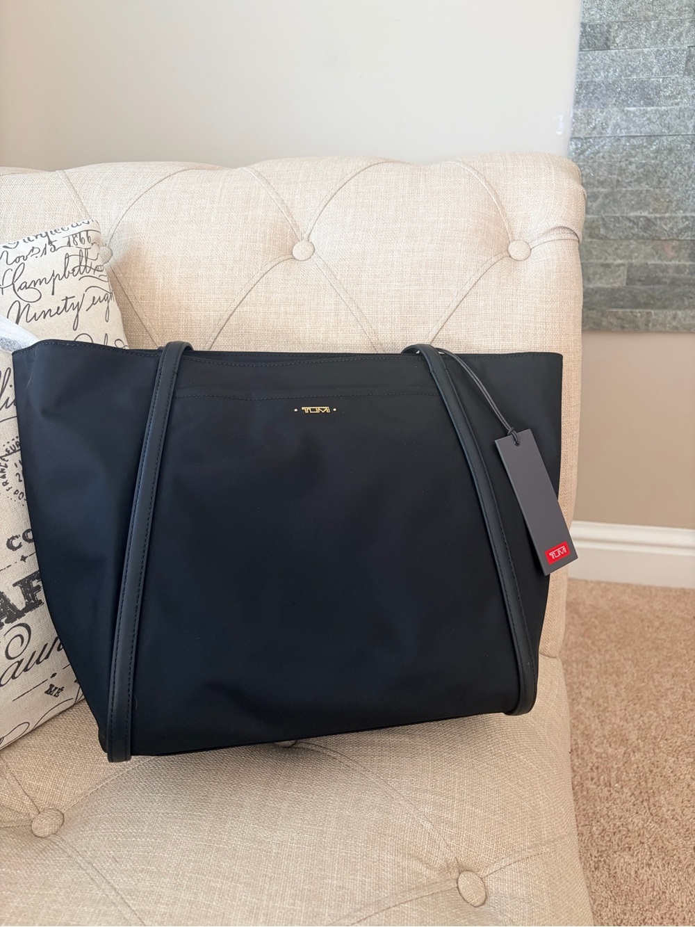 Tumi Black Nylon Tote with Gold Logo
